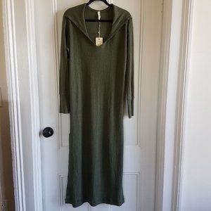 Elan Hoodie Maxi Lounge Dress w/Pockets~Army Green Waffle Knit~Soft &Comfy~M NWT